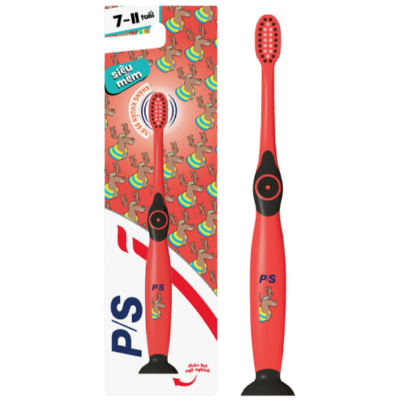 Bàn chải đánh răng P/S trẻ em Superkid 7-11 tuổi siêu mềm kháng khuẩn có chân hít